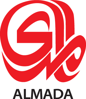 Almada-logo-2 » شبكة العراق الرقمي DIN » شبكة العراق الرقمي DIN Brand logo with red interwoven letters forming 'GA' above the word ALMADA in black